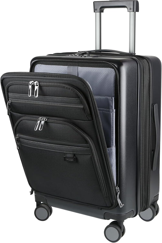 KROSER Hardside Expandable Carry On Luggage 22x14x9 Airline Approved With Front Business Pockets, 20 Inch Suitcases with Wheels, Carry on Suitcase with TSA Lock & USB Port, Black
