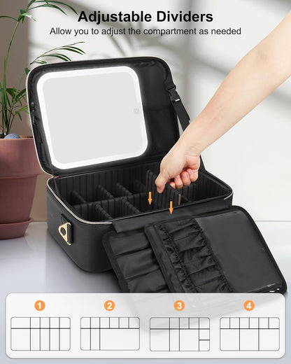 Relavel Makeup Bag with LED Mirror Travel Train Case Large Cosmetic Bags Organizer with Lighted Up Mirror with 3 Color Lights, Adjustable Brightness, Adjustable Dividers and Shoulder Strap (Black)
