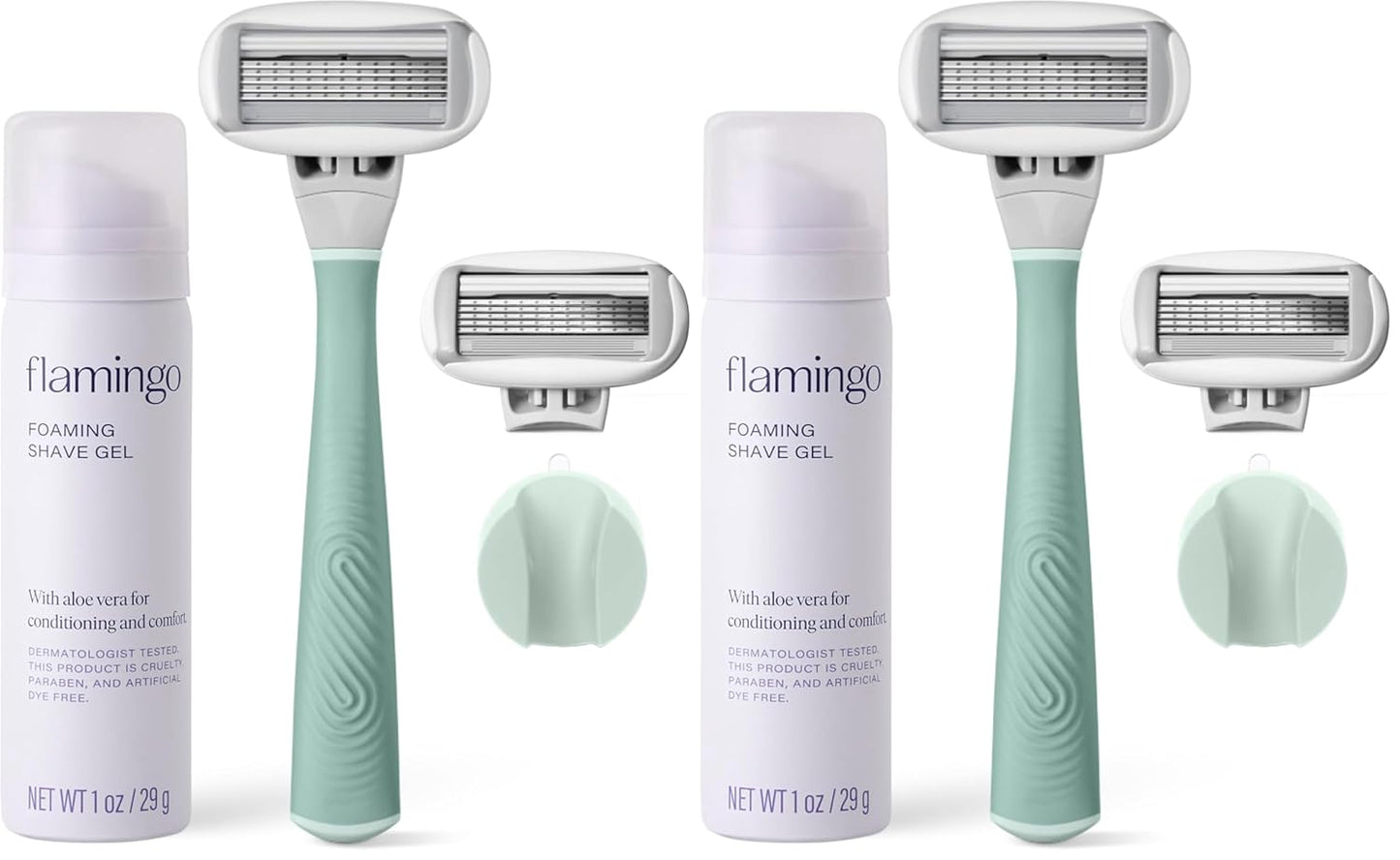 FLAMINGO 5-Blade Razors for Women - 1 Razor Handle + 1oz Foaming Shave Gel + 1 Shower Holder - Sage (Pack of 2)