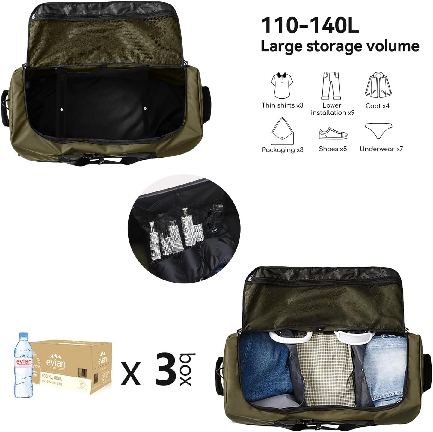 Rolling Duffle Bag with Wheels,110L/140L Expandable Soft-Sided Foldable Duffle Bag with 2 Rubber Wheels,Packable 32” Rolling Carry-On with Multi-Pockets & Compartments (Green)