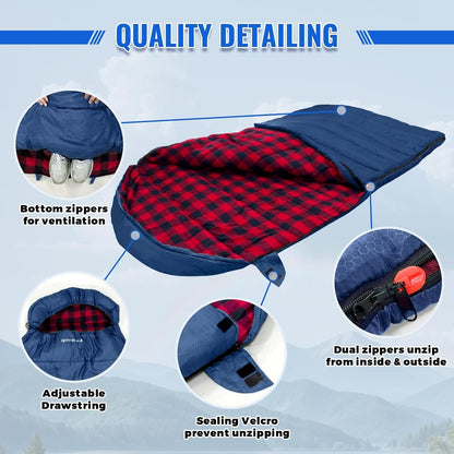 0 Degree Sleeping Bag Cotton Flannel Winter Cold Weather for Adults XXL Sleeping Bag 4 Season Big and Tall with Pillow Compression Sack