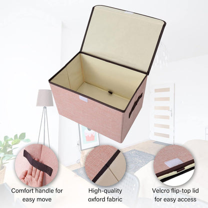 Linen Fabric Foldable Storage Cube Bin Organizer Basket with Flip-Top Lid & Handles, Large Clothes Blanket Box for Home, Office, Closet, Pink, 4 Pack 14.6 x 9.5 x 9.5”