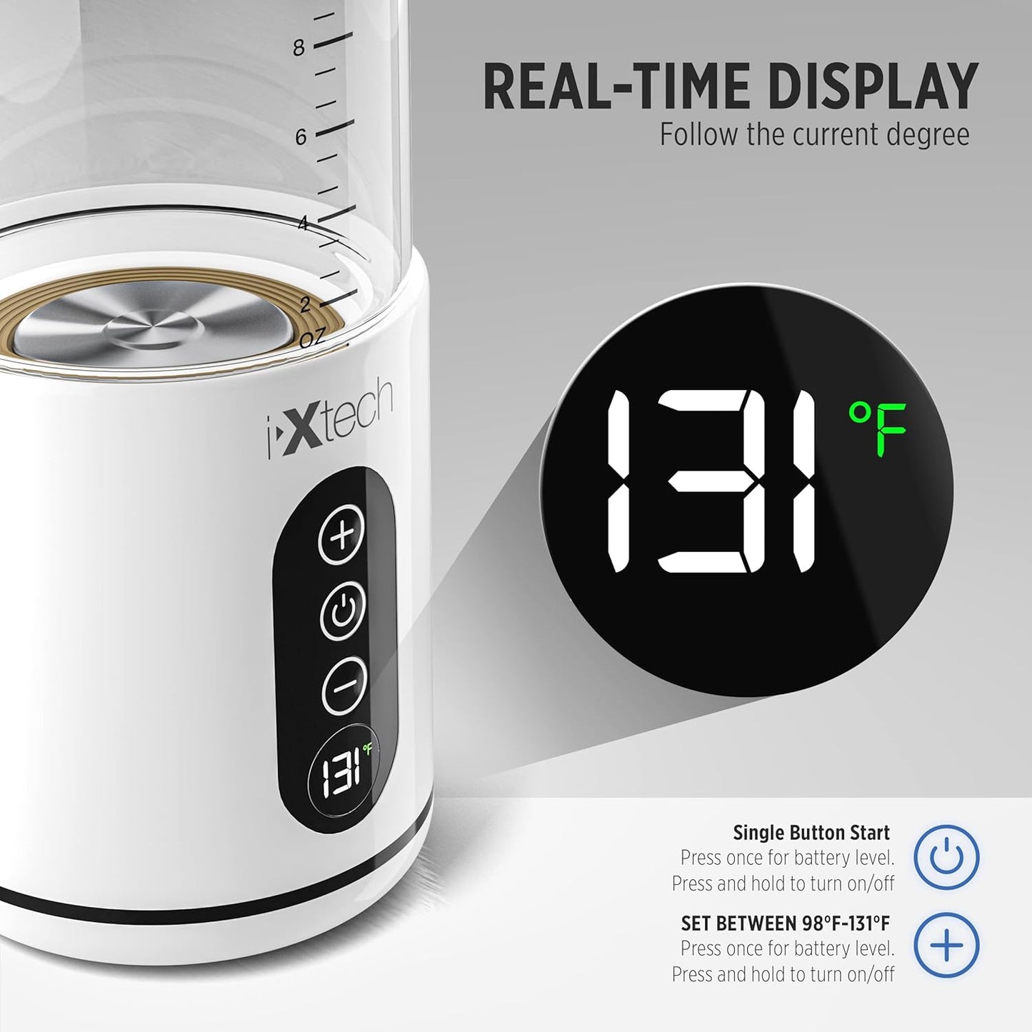 IXTECH Portable Water Warmer for Baby Formula, Milk Warmer for Travel, 10 oz., Electric Warming with Adjustable Temperature Control, Leak-Resistant Spout, Rechargeable and Wireless