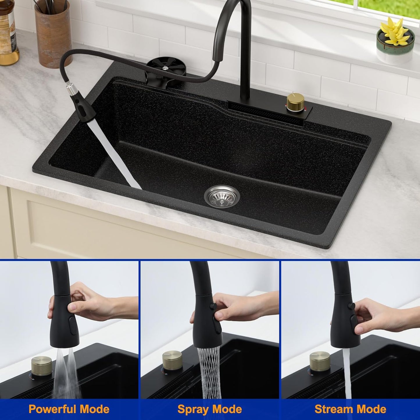 Dcolora Waterfall Smart Kitchen Sink 33x22 Drop In Single Bowl Multifunctional Kitchen Sinks With Faucet And Cup Washer,33 Inch Granite Composite (Black) DC-SFDOE00002
