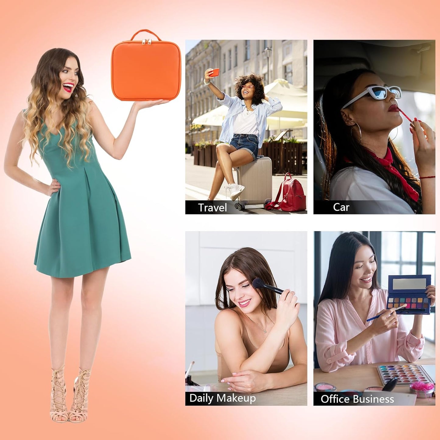 Travel Makeup Bag with LED Mirror Travel Makeup Organizer with 3 Lighted Settings, Adjustable Dividers and Makeup Brush Storage Bag Orange