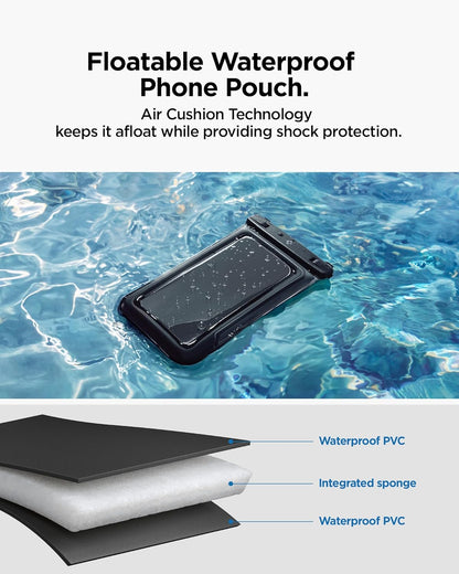 Spigen Aqua Shield 2 Pack Floating Waterproof Phone Pouch A611P for All Phones with Detachable Lanyard, Travel Essentials for Outdoors Activities, Kayak/Cruise/Beach - Black
