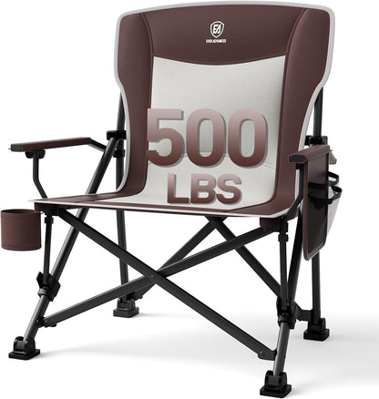 EVER ADVANCED Oversized Folding Camping Chair, for Adults Heavy Duty Lawn Chair with Side Pockets, Portable Collapsible Quad Chair for Outside, Support Up to 500lbs, Red