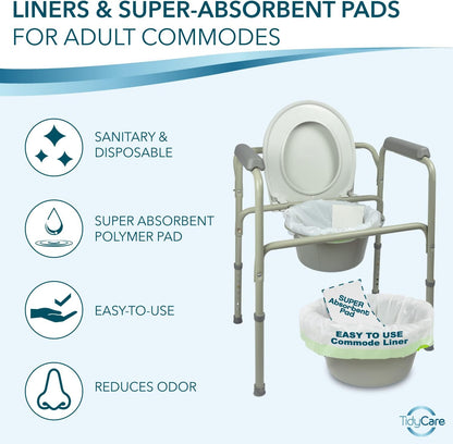 Disposable Bedside Commode Liners and Pads for Portable Toilet Chair Seat Bucket and Bedpan | Combo Pack of 72 Waste Bags and 72 Absorbent Pads | Universal Fit