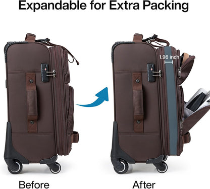 Hanke 20 Inch Softside Expandable Carry On Luggage with Spinner Wheels, Rolling Suitcase Travel Luggage with TSA Approved Luggage,Coffee
