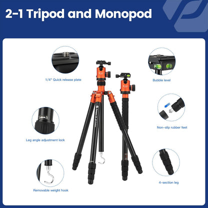 Fotopro 68" Camera Tripod for DSLR, Heavy Duty Compact Travel Tripod with Ball Head, Detachable Monopod with Quick Release Plate and Bag, Load up to 12KG/26.5lbs(Orange)
