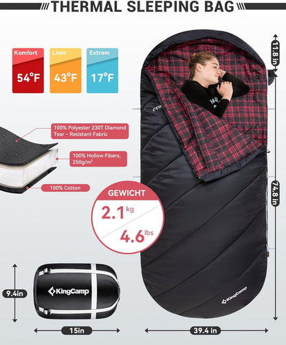 KingCamp Sleeping Bag for Adults, Cold Weather & Warm Extra Wide Big & Tall XL Portable Waterproof Flannel Sleeping Bags, Essentials Gear Accessories for Camping Backpacking Hiking Indoor & Outdoor