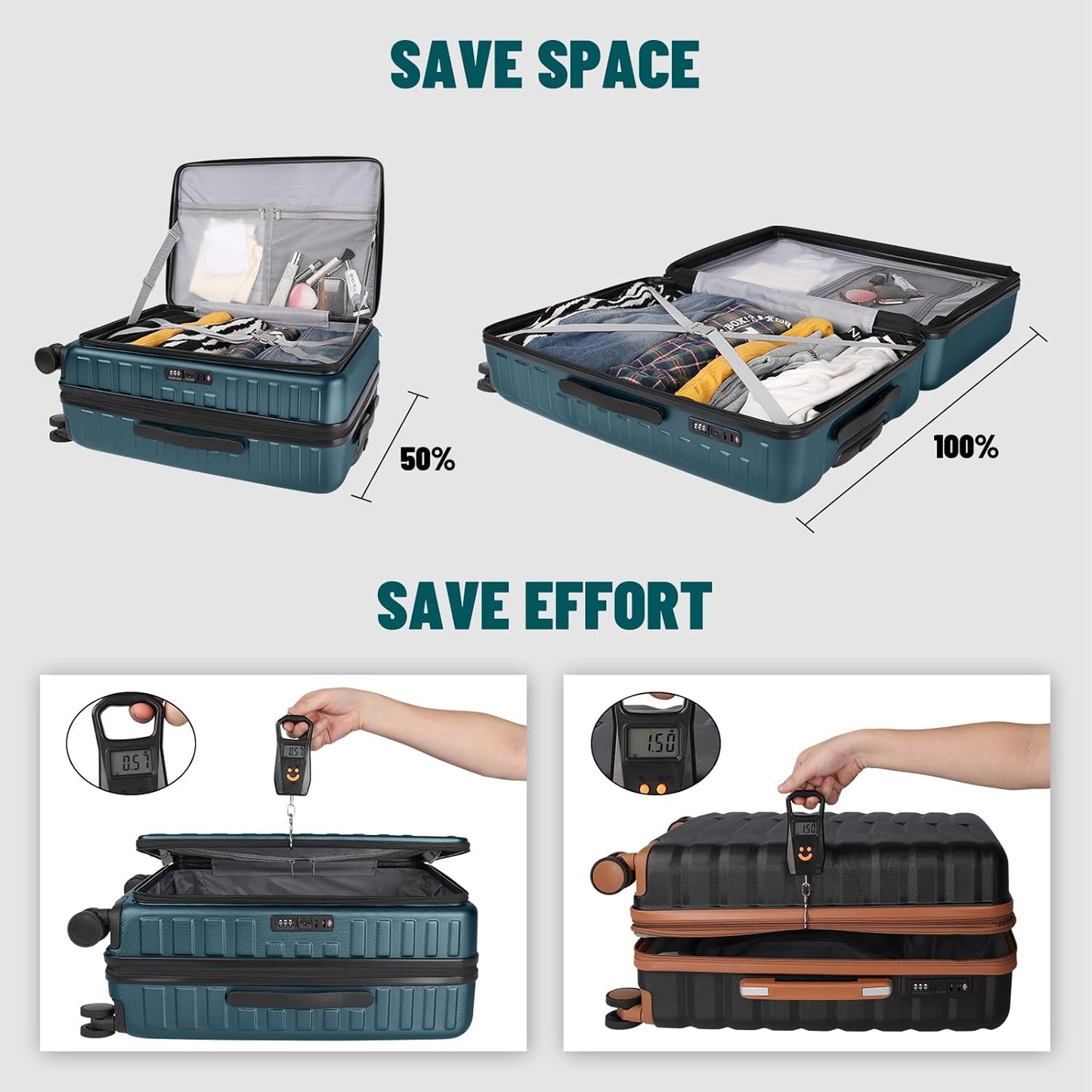 3-Piece 20/24 Top Opening Hardshell Lightweight Luggage and 28-Inch Clamshell Opening Suitcase with Spinner Wheels & TSA Locks, Teal Blue, 20in/24in/28in