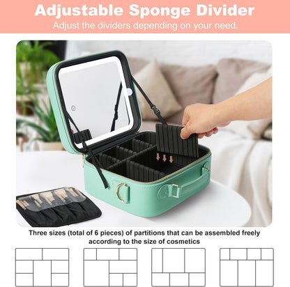 Mocado Travel Makeup Bag with LED Lighted Mirror, Travel Makeup Organizer, Makeup Case with 3 Color Lighted Setting and 10x Magnifying Mirror, Portable Storage and Adjustable Dividers (Powdery Green)