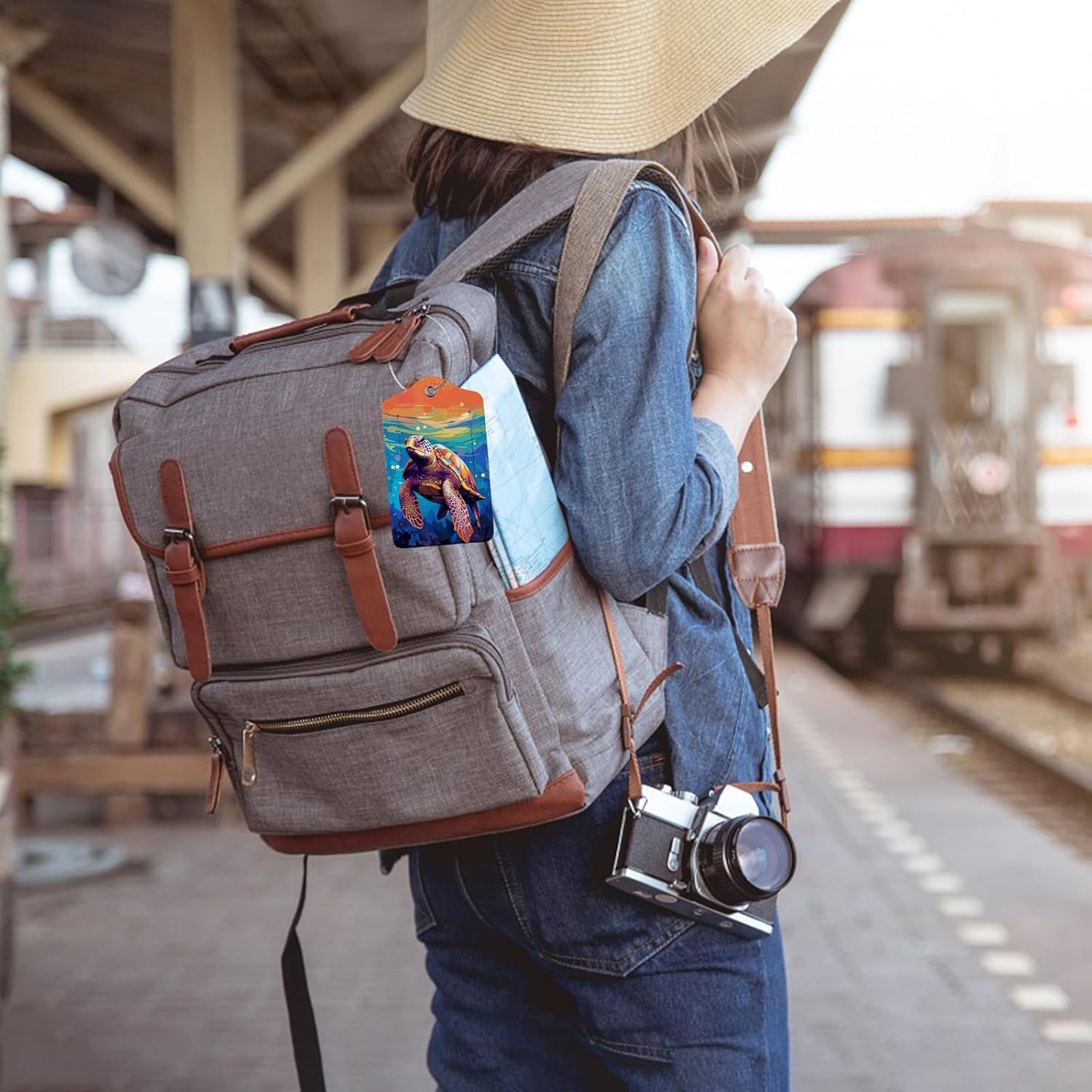 Colorful Wild Sea Turtle Luggage Tag Personalized Luggage Tags for Suitcases,Leather Bag Tags for Backpacks Handbag with Name ID Label Travel Essentials Baggage Tags 2 Pack