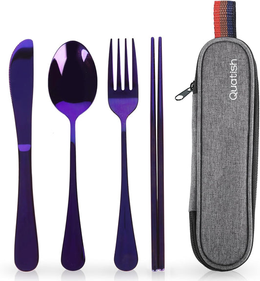 Travel Utensils with Case, Quatish Portable Silverware Set for Work, Stainless Steel Reusable Travel Cutlery Set, Fork and Spoon Set for Camping, EDC Gadgets, Lunch Box for Men, Purple