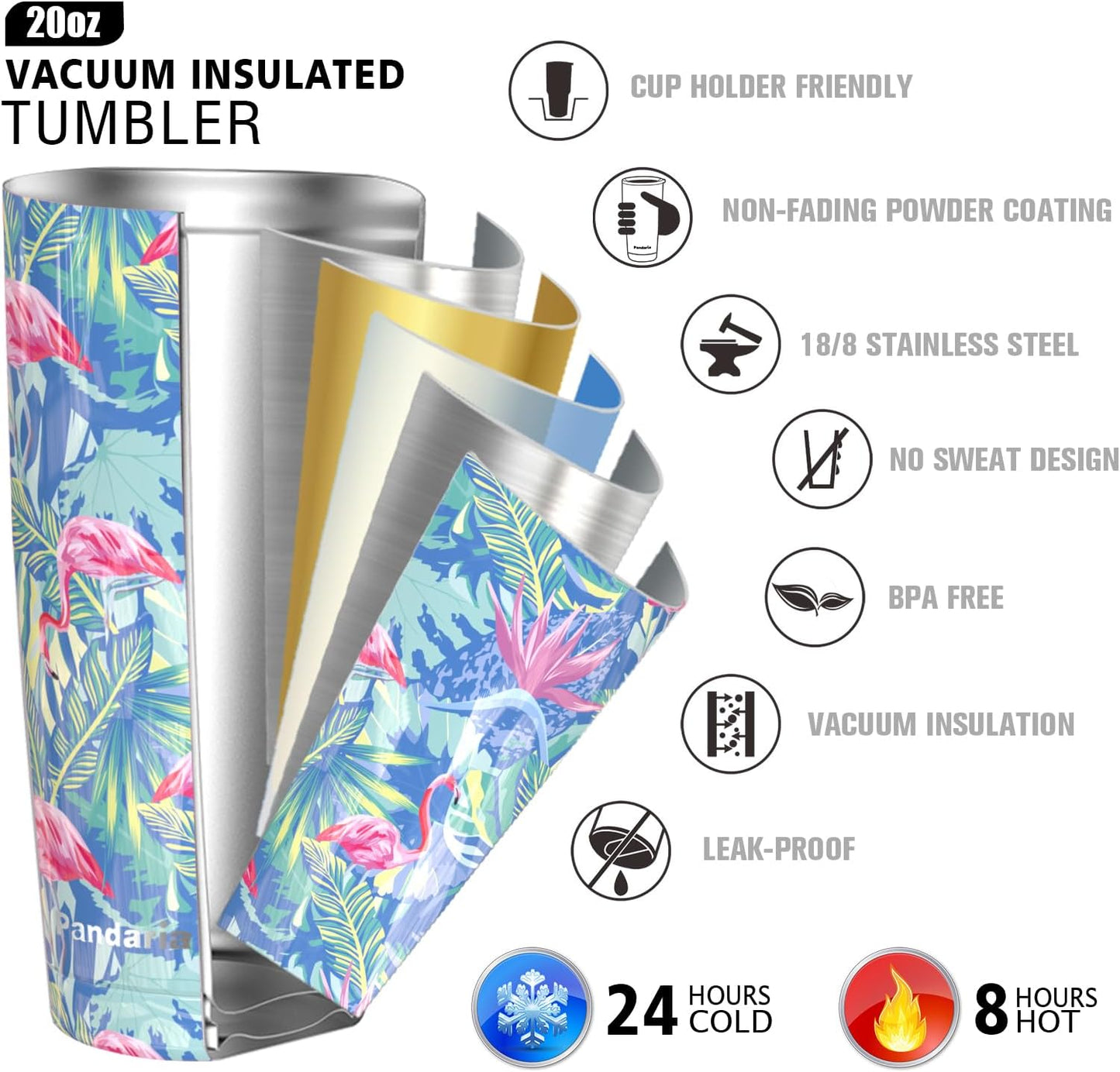 20 oz Stainless Steel Vacuum Insulated Tumbler with Lid - Double Wall Travel Mug Water Coffee Cup for Ice Drink & Hot Beverage, (Flamingo)