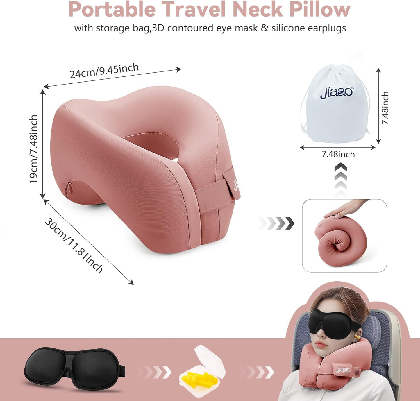 Neck Pillow Airplane, Advanced Neck Support for Long Flights, Ergonomic Memory Foam U Shape Pillows for Travel, Camping, Buses, Studying, Offices (Rose)