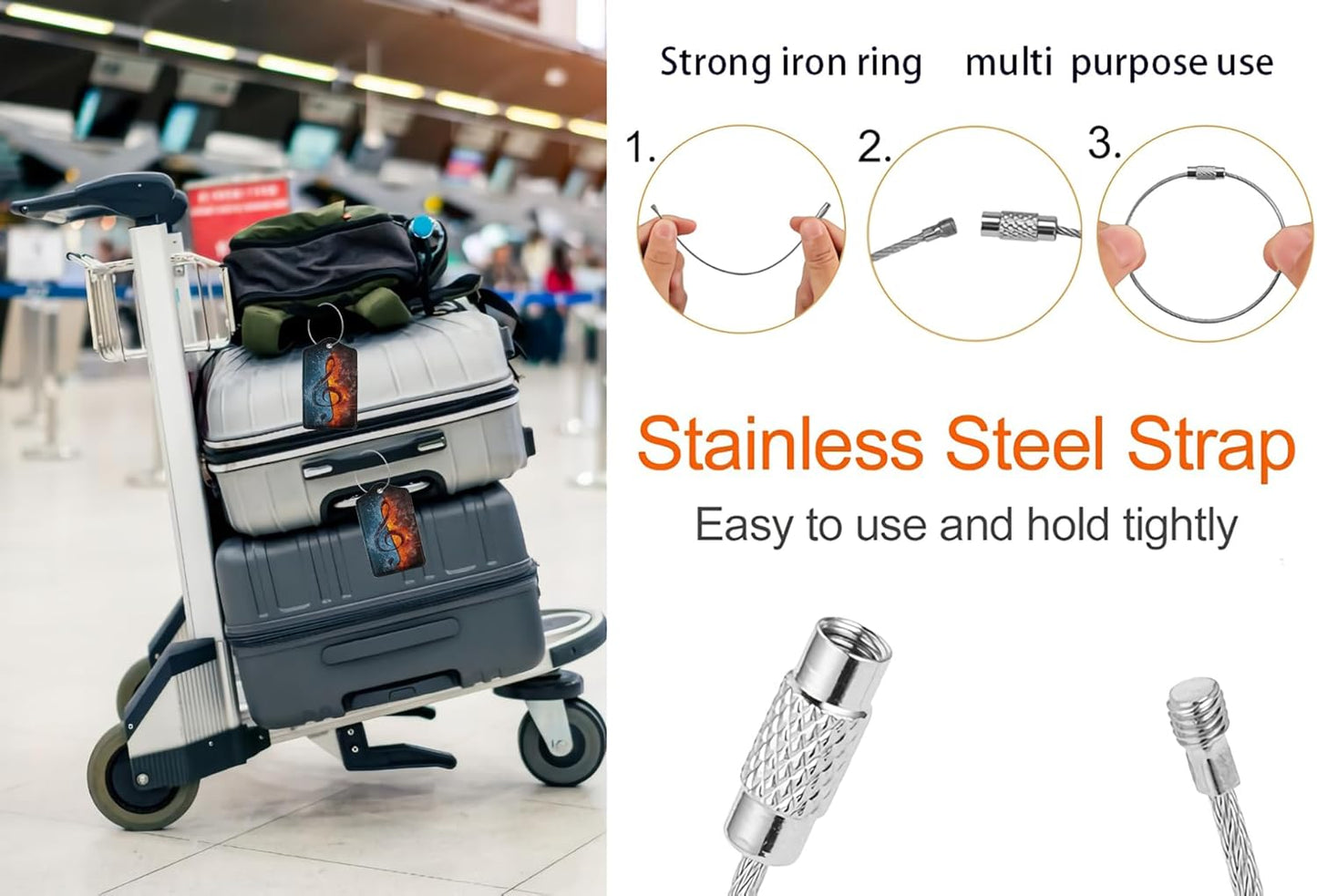 2 Pack Luggage Tags for suitcases Funny Music Water fire Luggage Tag, Leather Stainless Steel Loop Label Tag for Men Women Travel Bag Suitcase(Music Water fire)