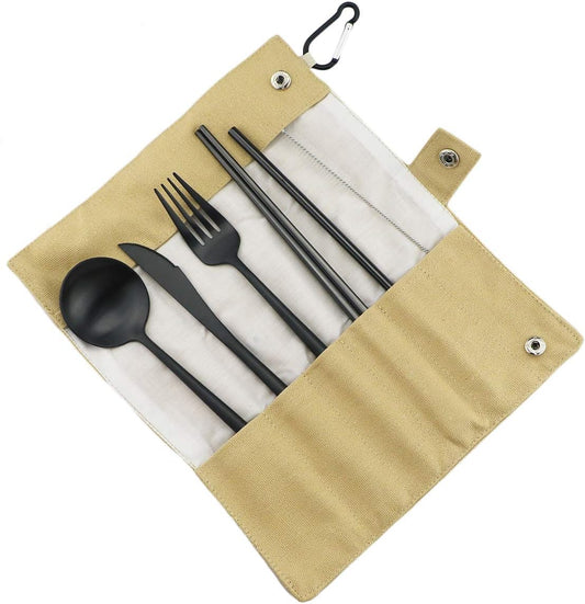 Gugrida Luxury Black Matte Portable 18/10 Stainless Steel Travel Flatware Sets of 7 Portable Camping Cutlery Set, Healthy & Eco-Friendly Flatware Set with Carrying Case for Travel or Camping