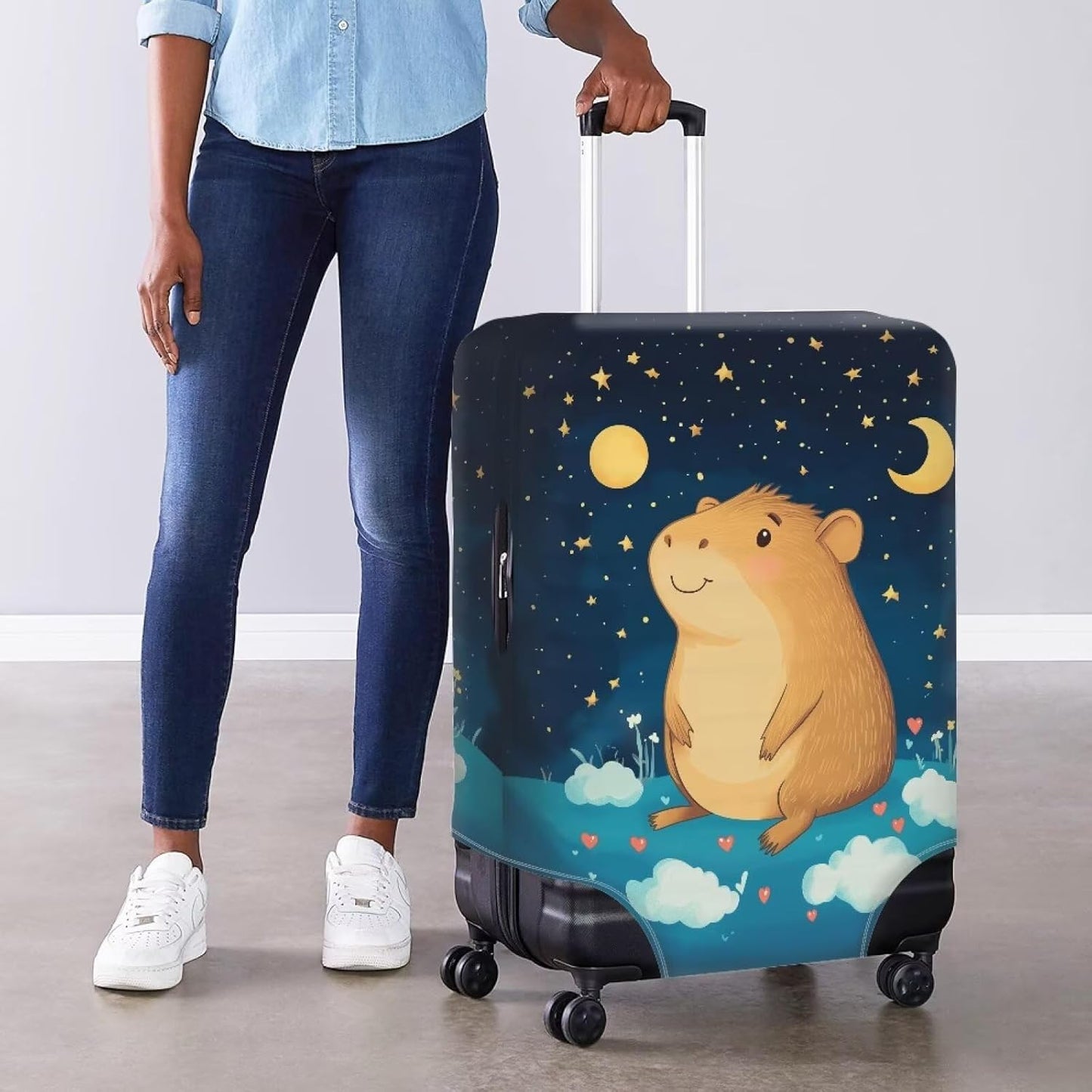 Capybara Suitcase Cover Cute Luggage Cover Protector Invisible Zipper Closure Travel Luggage Protector Fit 30-32 Inch Anti-Scratch Stretchable Suitcase Protector, Moon and Star