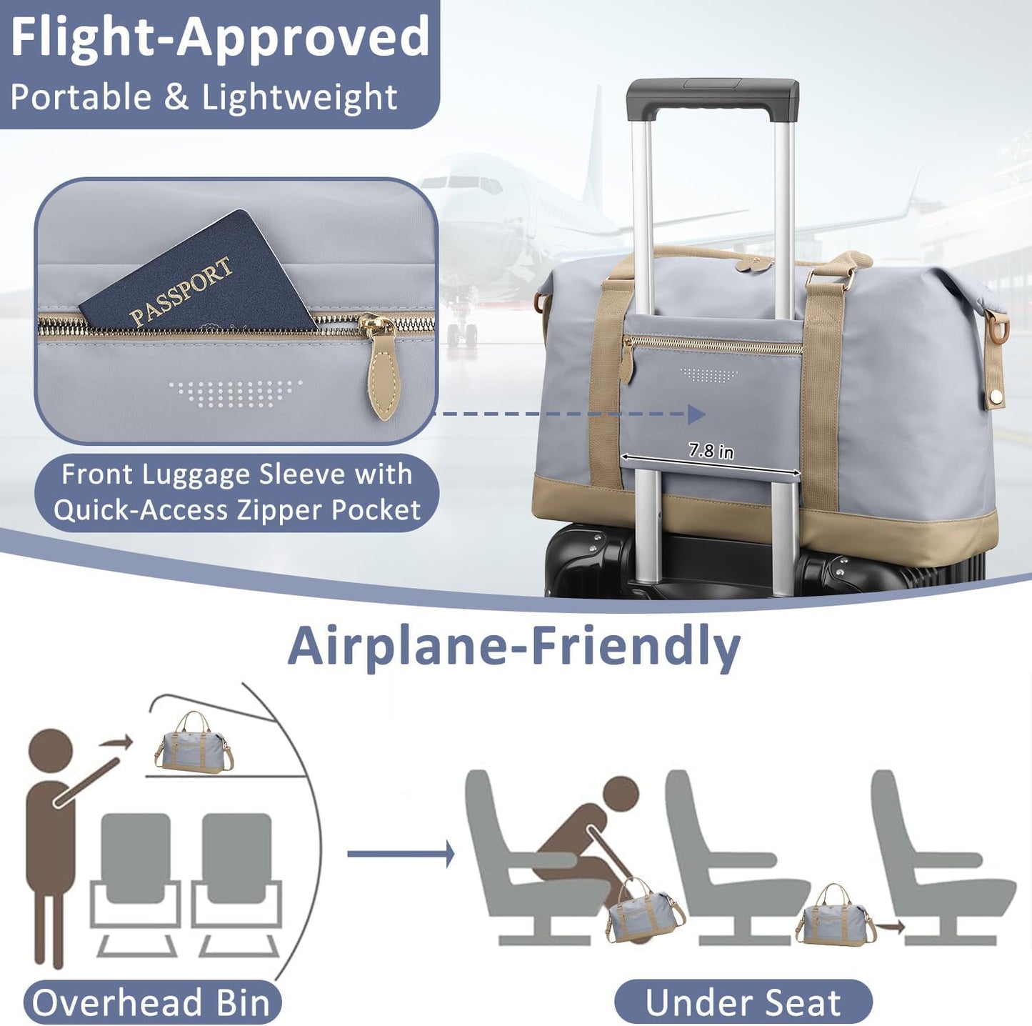 Travel Duffle Bag for Women, Weekender Bags,Hospital Bag for Labor Delivery,Lightweight Tote Duffel Overnight Bag with Luggage Sleeve,Airplane Travel Bags with Toiletry Bag,Large,Light Blue