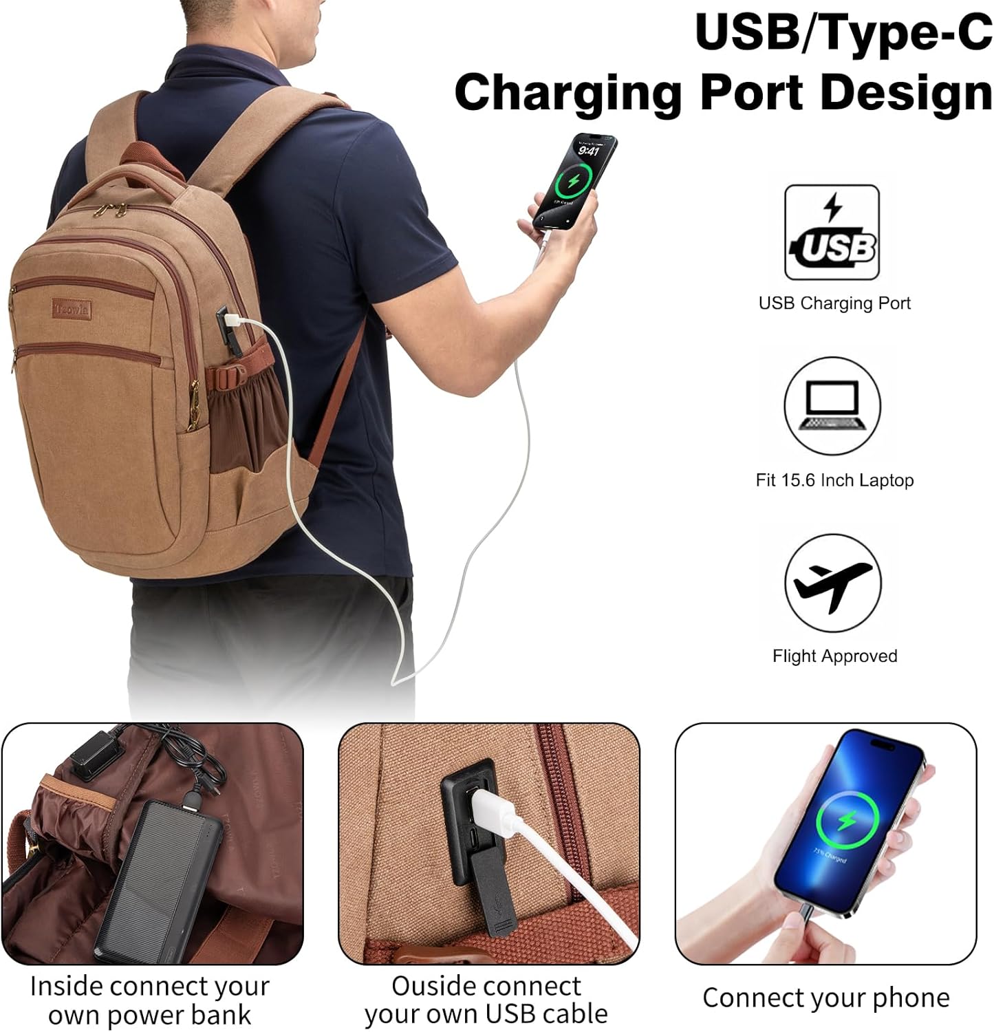 Tzowla Vintage Canvas Laptop Backpack for Men and Women,College Travel Work Rucksack with USB/Type-C Charging Port,Lightweight Bookbag Hiking Casual Daypack Backpacks Fit 15.6 Inch Notebook(Brown)