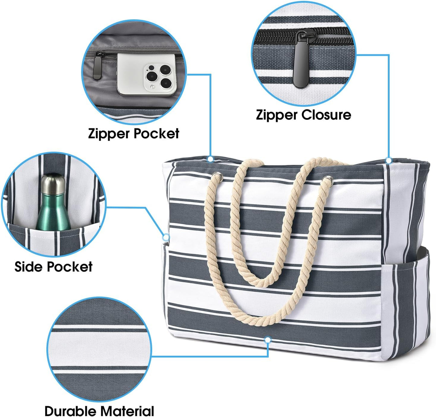 Becokan Beach Bags for Women Large Waterproof Beach Tote Bag Zipper Beach Bags Waterproof Sandproof Swim Pool Bag Large Tote