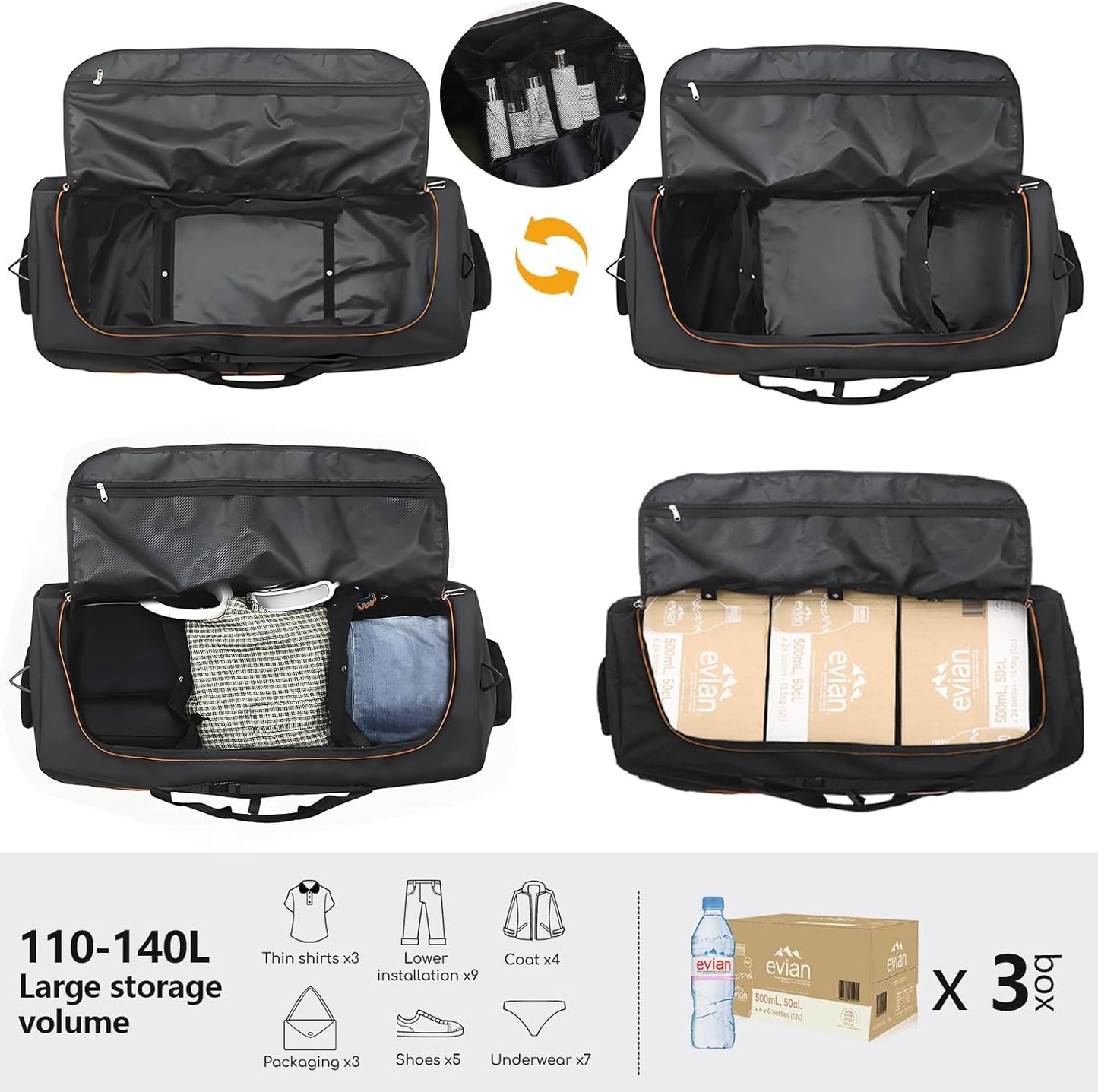 CONTAIL 32" Soft-Sided Rolling Duffle Bag with 2 Wheels,Expandable from 110L to 140L, Foldable Travel Duffel with Multiple Compartments,Black-orange