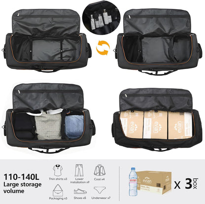 CONTAIL 32" Soft-Sided Rolling Duffle Bag with 2 Wheels,Expandable from 110L to 140L, Foldable Travel Duffel with Multiple Compartments,Black-orange