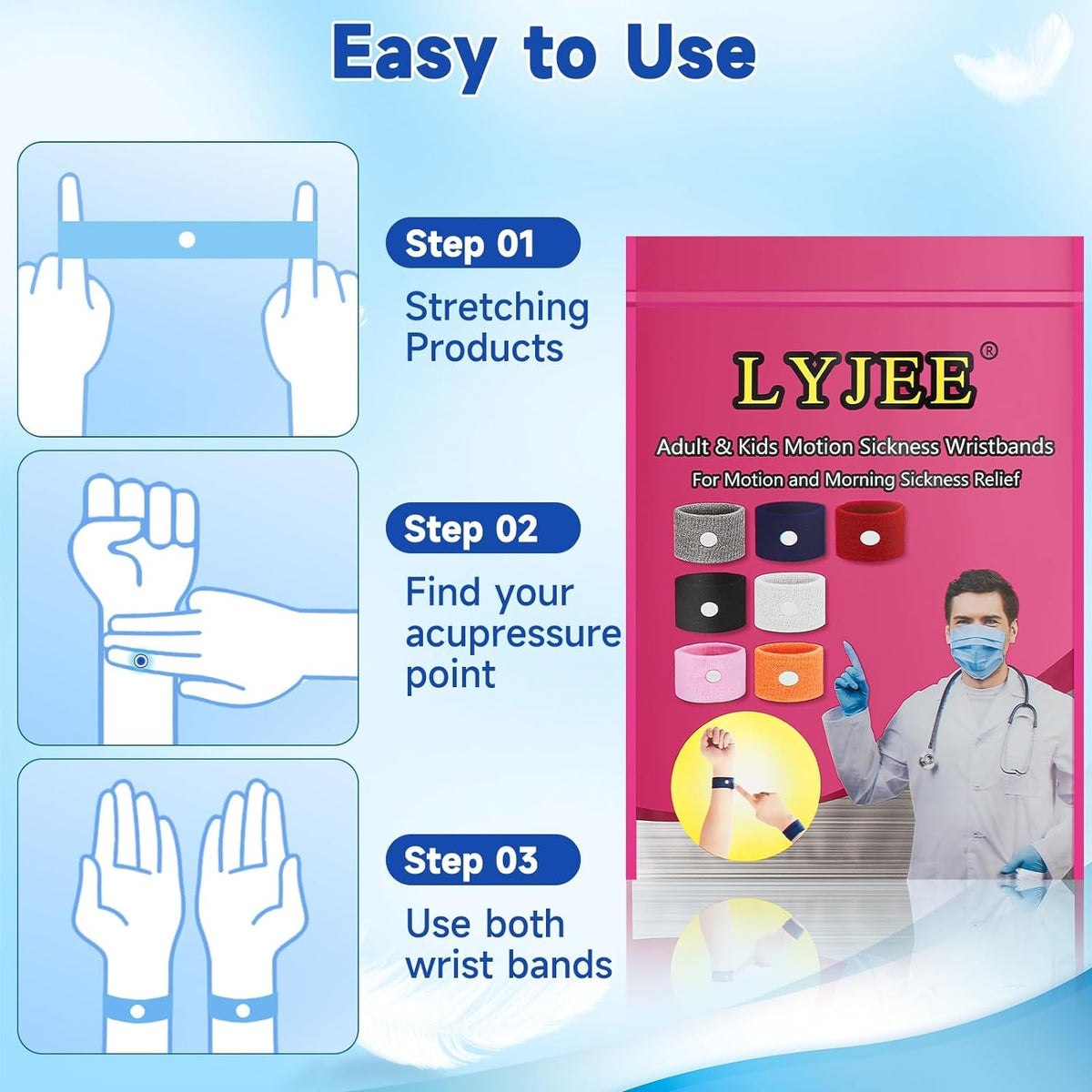 LYJEE Motion Sickness Bracelets for Adults and Kids Motion Sickness Bands Nausea Relief for Pregnant Women Acupressure Nausea Relief for Car, Sea, Air Sickness