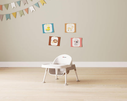 Foundations Secure Sitter 5" Feeding Chair, Stable “No Tip” Feet, 3-Point Adjustable Harness, Removable Tray, Easy to Clean, Smooth Plastic (White/Tan)