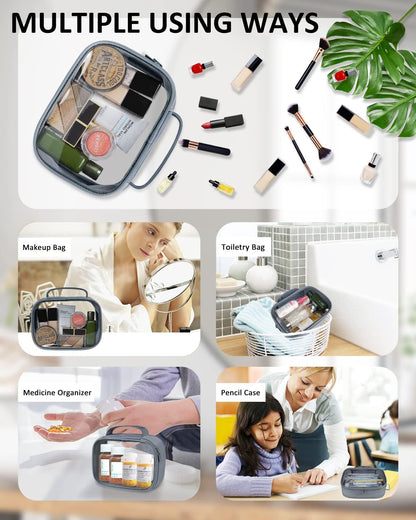 Moyad TSA Approved Clear Toiletry Bag with Handle, 3 Pack Quart Size 3-1-1 Liquids Pouch for Travel, Transparent Makeup & Cosmetic Organizer for Women Men, Grey