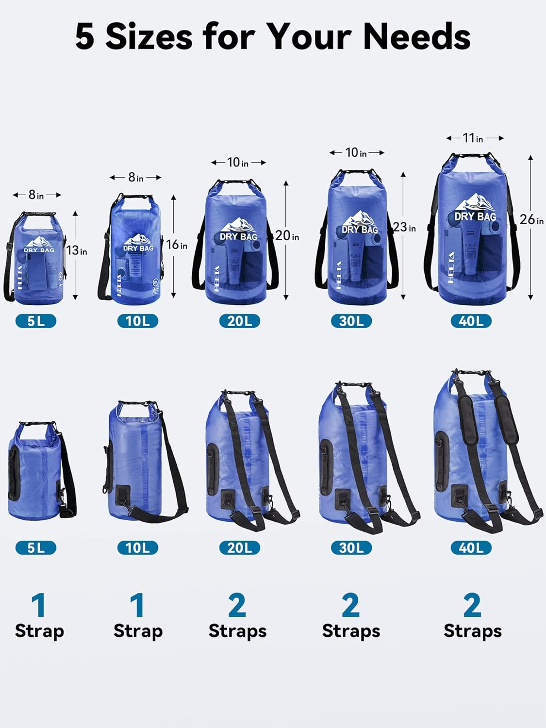 HEETA Dry Bag Waterproof for Women Men, 5L/10L/20L/30L/40L Roll Top Lightweight Dry Storage Bag Backpack with Phone Case for Travel Swimming Boating Kayaking Paddle Board Camping Beach Accessories