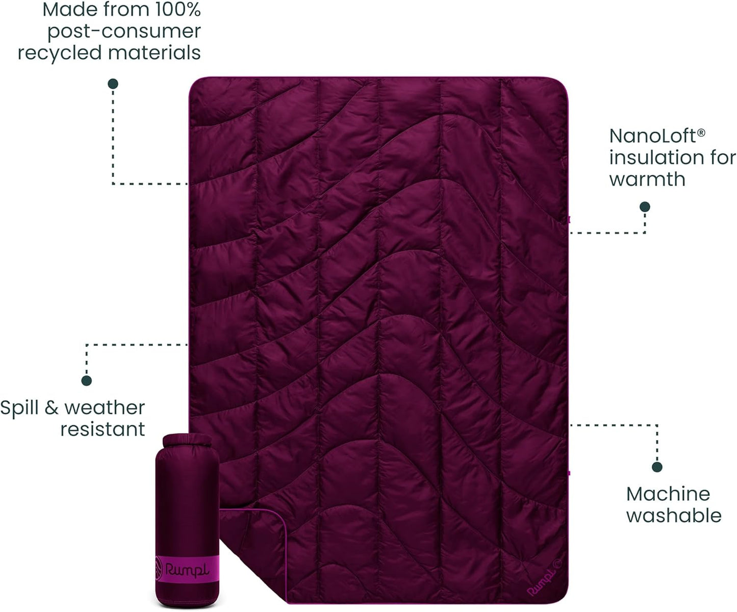 Rumpl Travel Puffy Blanket, Ultra-Packable Travel-Size Warmth and Comfort, Plum