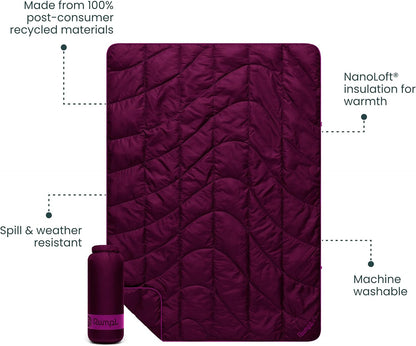Rumpl Travel Puffy Blanket, Ultra-Packable Travel-Size Warmth and Comfort, Plum