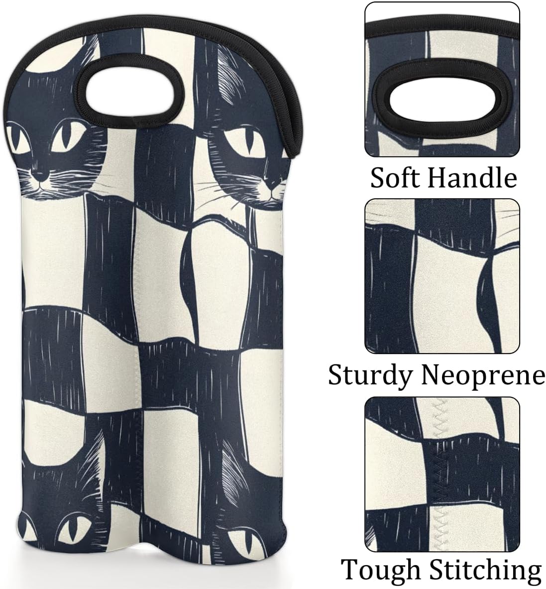 Neoprene Wine Tote, Bottle Carrier Gag Insulating Neoprene Thicker, Insulated Wine Bag for Travel Holds Two Bottles, Bottle Carrier Bags Protect the Bottles, Checkered Cat