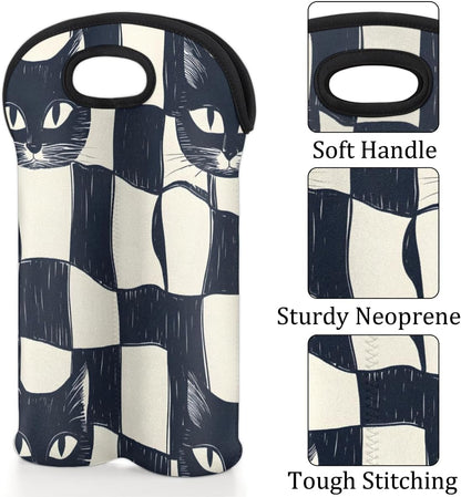 Neoprene Wine Tote, Bottle Carrier Gag Insulating Neoprene Thicker, Insulated Wine Bag for Travel Holds Two Bottles, Bottle Carrier Bags Protect the Bottles, Checkered Cat