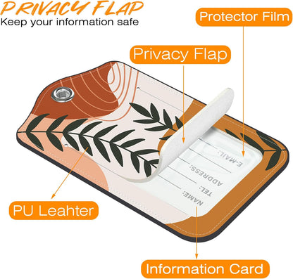 Boho Abstract Leaves Luggage Tag for Suitcase 2 Pack Leather Luggage Tag with Privacy Flap Name ID Label and Metal Loop for Women Men Travel
