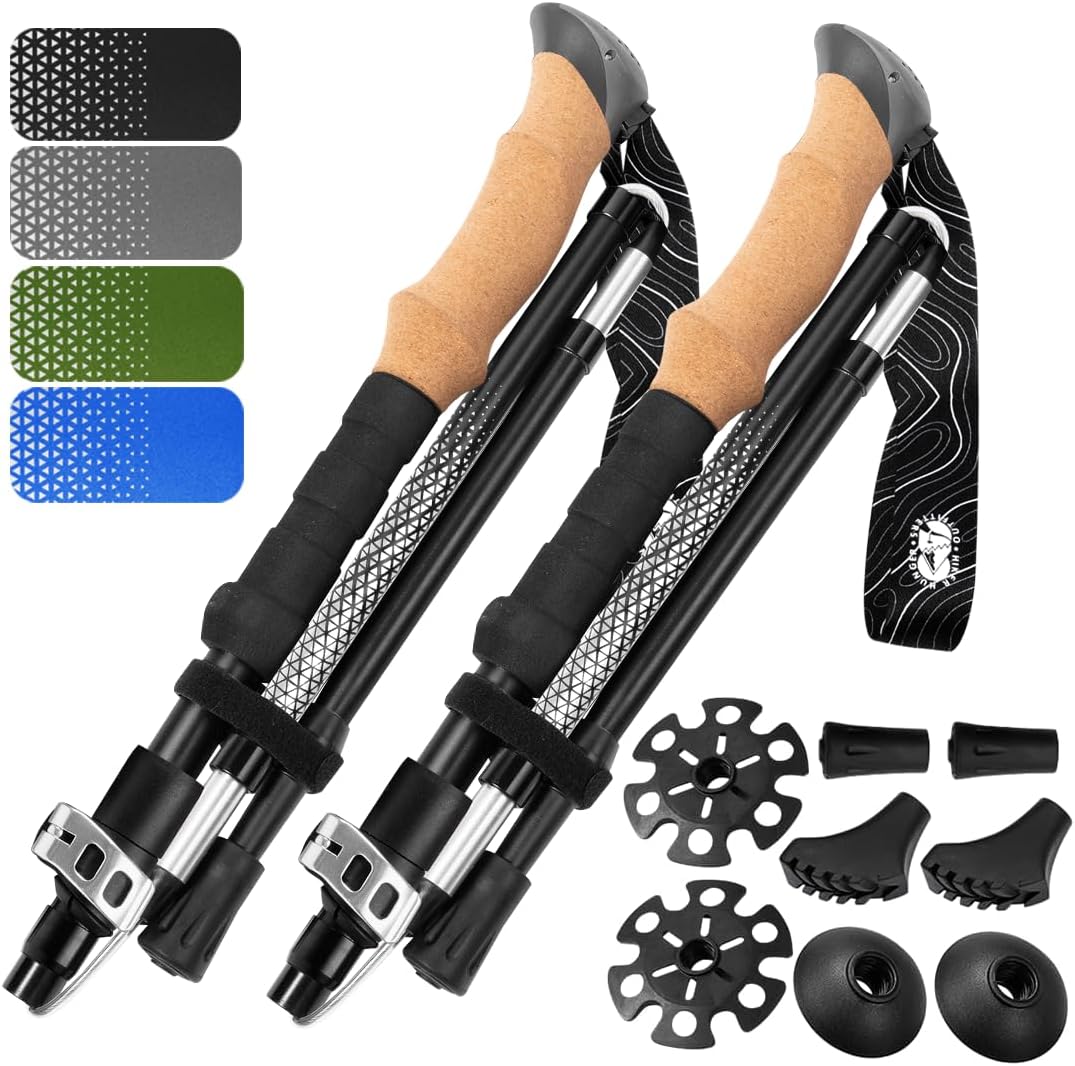 Premium Foldable Hiking Poles by USA Brand - Adjustable, Lightweight Trekking Poles Made of Aircraft Aluminum, Metal Flip Locks & Comfortable Real Cork and EVA Foam Grips