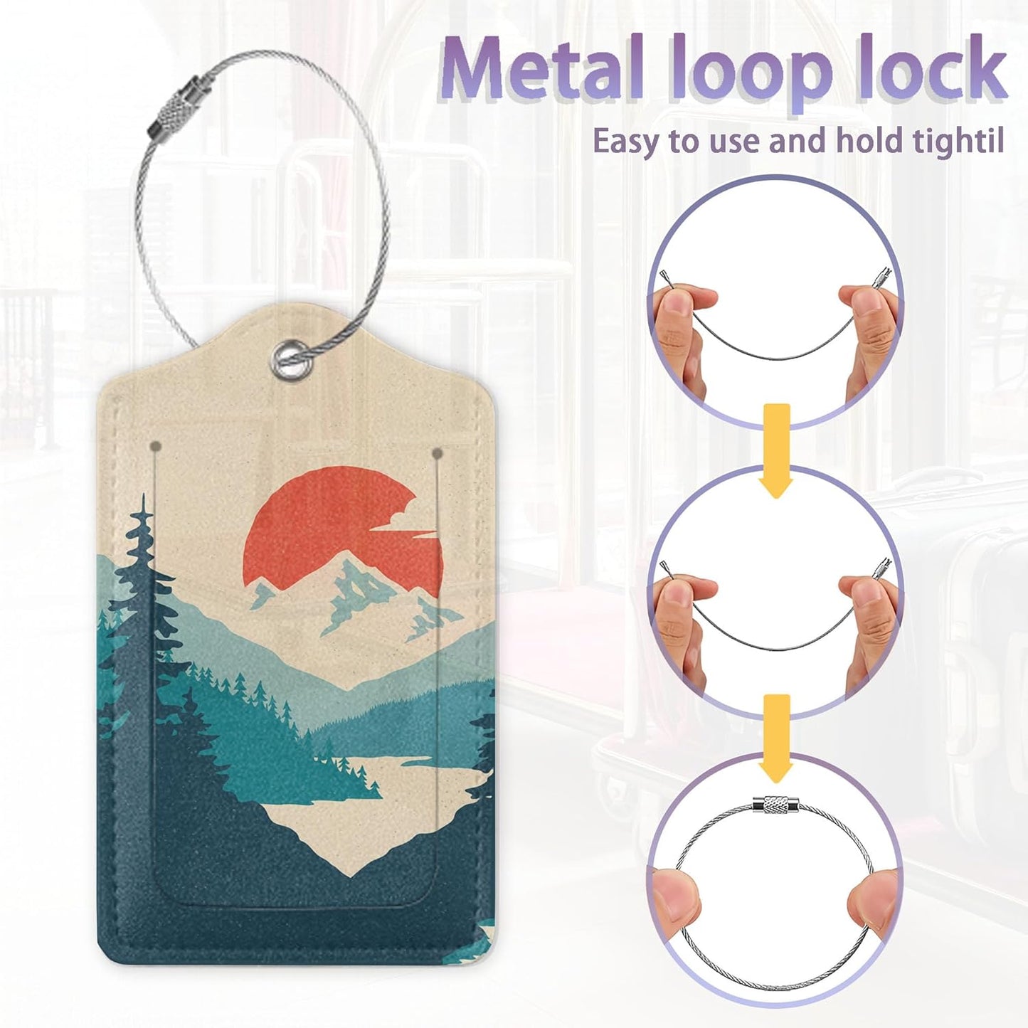 Luggage Tag for Suitcase, Mountain Sun Forest Design with Privacy Flap & Name ID Label & Metal Loop, 2 Pack