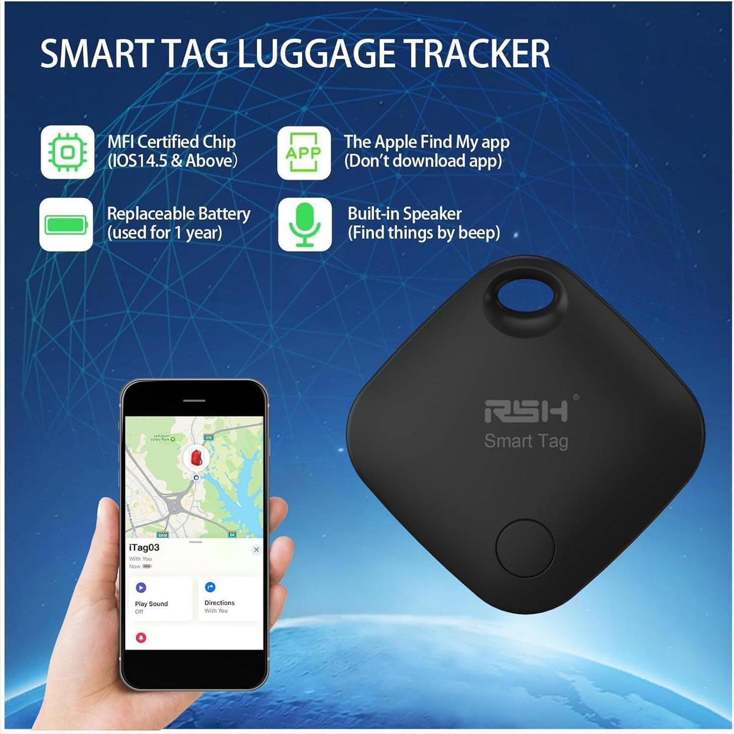 Air Tracker Tags 4 Pack (iOS Only, Not for Android) Bluetooth Luggage Tracker Tags Works with Apple Find My, Key Finder and Item Locator for Luggage, Backpack, Suitcases, Replaceable Battery