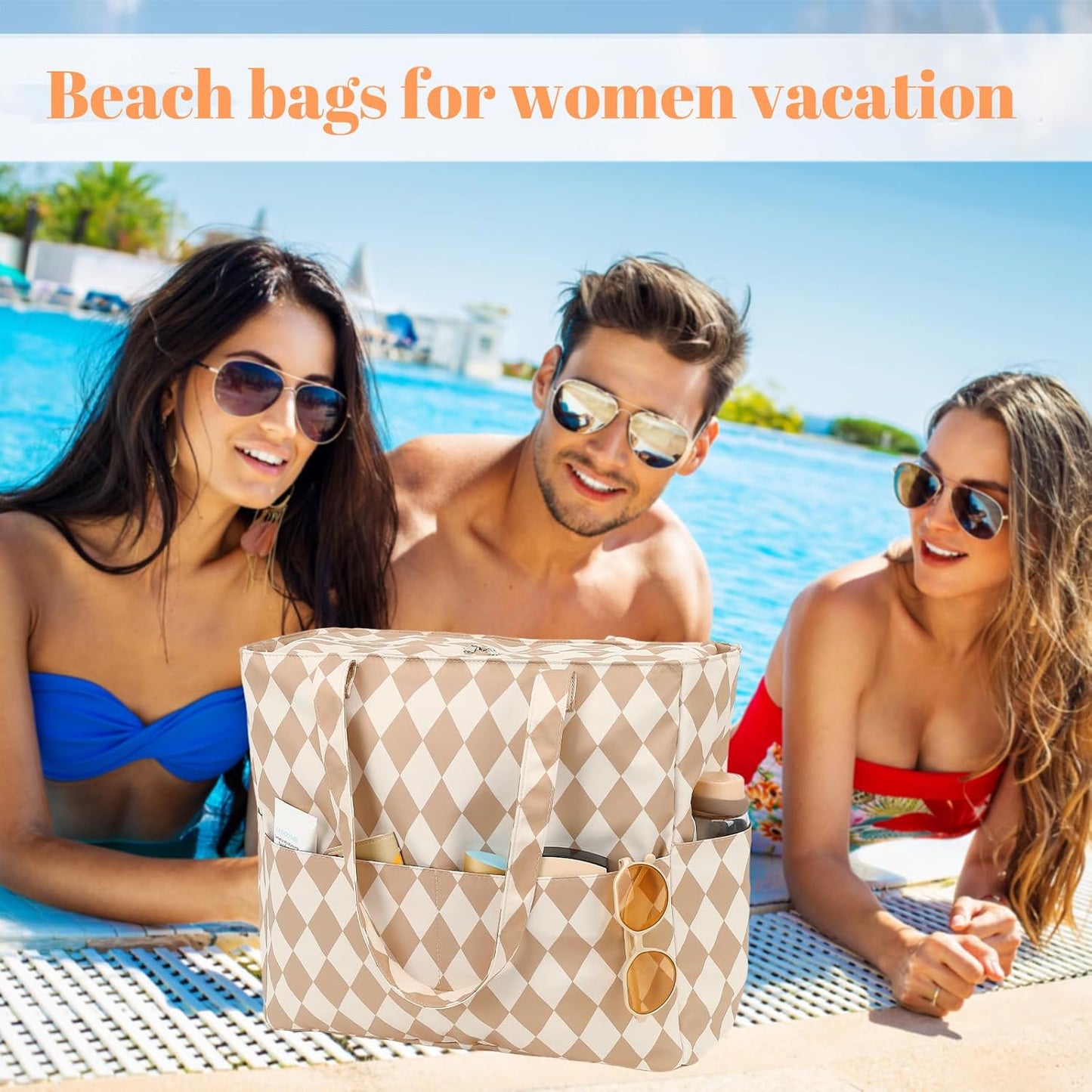 LEDAOU Large Beach Tote Bag Women Waterproof Sandproof Zipper Beach Tote Bag for Pool Gym Grocery Travel with Wet Pocket