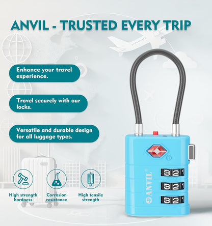 ANVIL TSA Approved Luggage Locks – High Security TSA008 Combination Travel Locks with Inspection Indicator for Suitcases and Backpacks. (4, Bule)