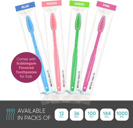 144 Pack Disposable Toothbrushes with Toothpaste Built in - Prepasted Toothbrushes Individually Wrapped - Single Use Waterless Tooth Brush with Soft Bristles - Bubblegum Flavor/Kids