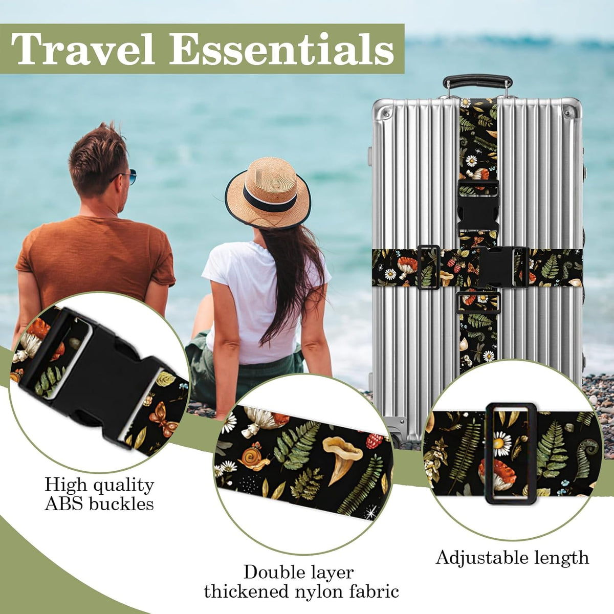 Mushroom Luggage Straps for Suitcases TSA Approved, Luggage Identifiers for Suitcase, Adjustable Suitcase Strap for Baggage Security with Cute Patten, Travel Necessary Accessories (2Pack)