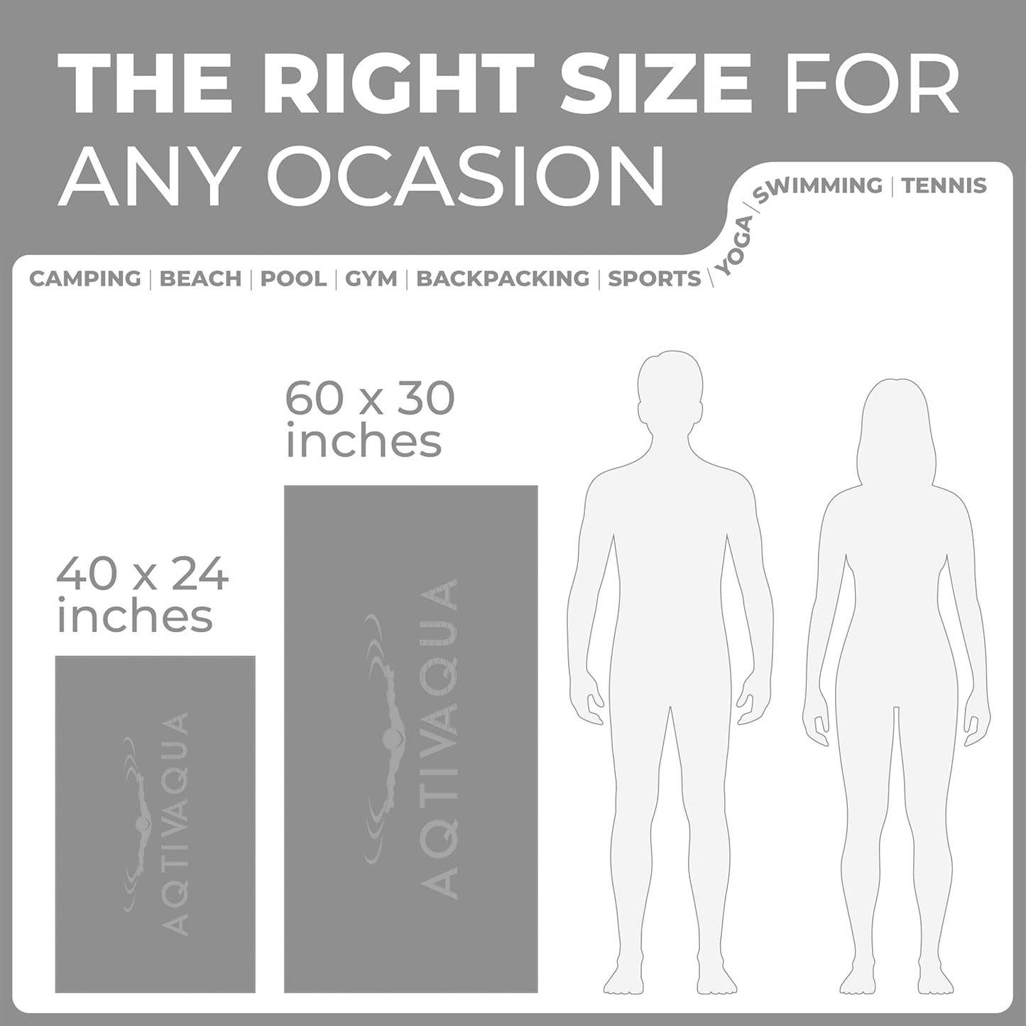 AqtivAqua Quick Dry Towel - Lightweight Microfiber Travel Towel w/Bag - Fast Drying Towel Set for Camping, Beach, Pool, Gym, Backpacking, Sports, Yoga & Swim Use, Hiking (Gray, M:24"x40")