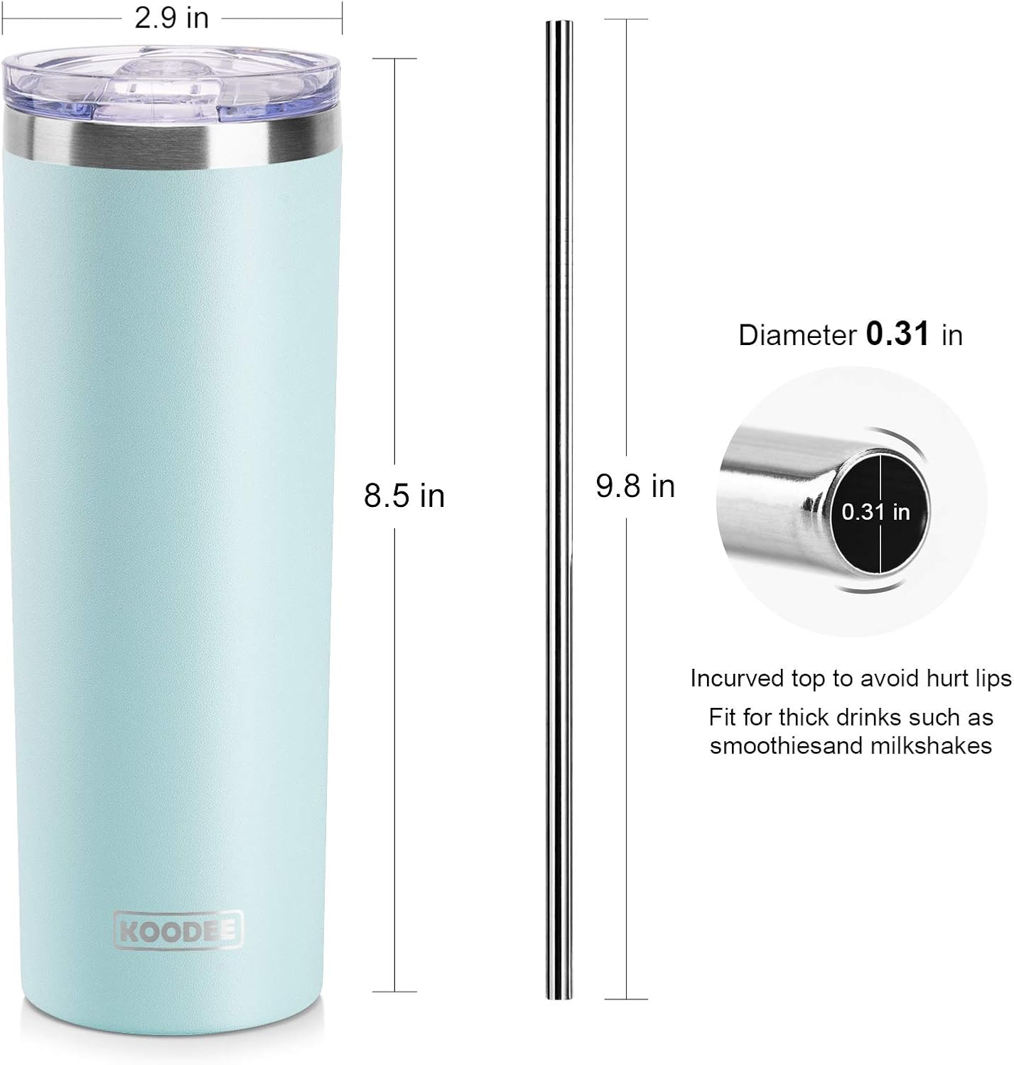 koodee 20 oz Tumbler with Lid and Straw-2 Pack Stainless Steel Insulated Skinny Tumbler Cup-Travel Beach Coffee Mug for Women (Baby Blue-White)