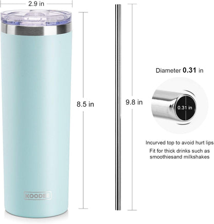 koodee 20 oz Tumbler with Lid and Straw-2 Pack Stainless Steel Insulated Skinny Tumbler Cup-Travel Beach Coffee Mug for Women (Baby Blue-White)