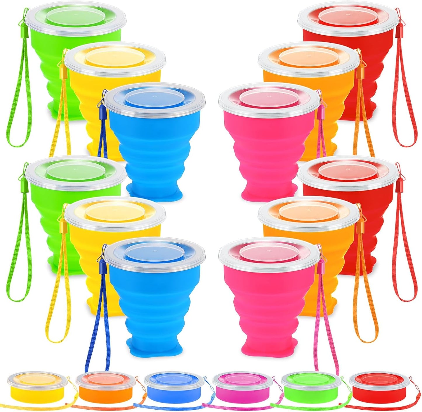 12 Pcs Silicone Collapsible Cup 7.04 oz Folding Camping Travel Collapsible Coffee Cup Portable Reusable Expandable Drinking with Lids for Outdoor Hiking
