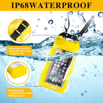 IP68 Waterproof Dry Bag, 2L - Roll Top Waterproof Pool Bag，Dry Bags for Kayaking Waterproof-w/Phone Pouch,Large Waterproof Phone Pouch,Boating & Kayak Accessories Camping (Yellow)